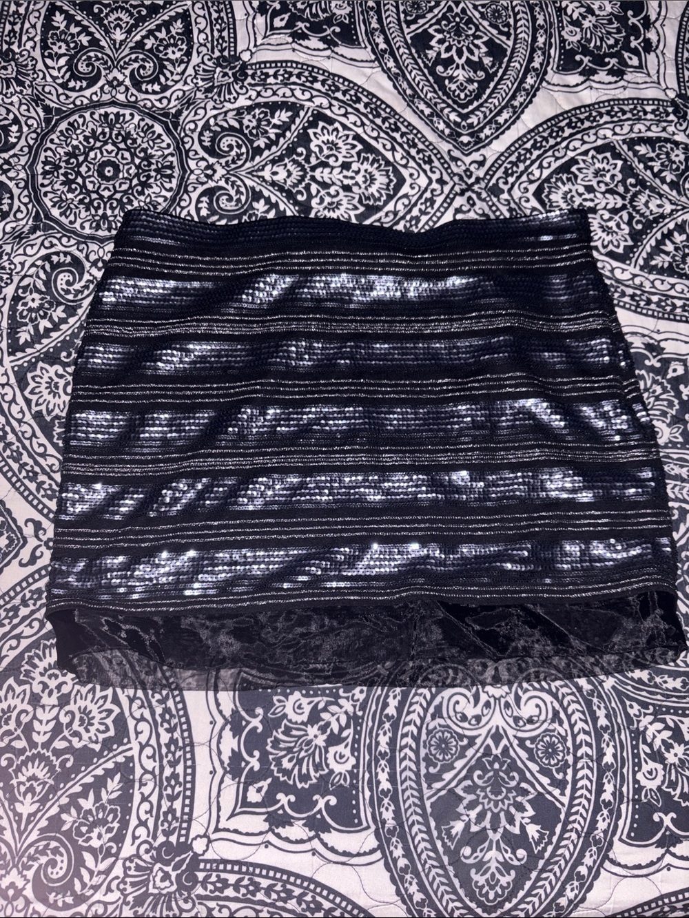 4 for. $25  Express Black Metallic Striped Mini Skirt with Lace Hem